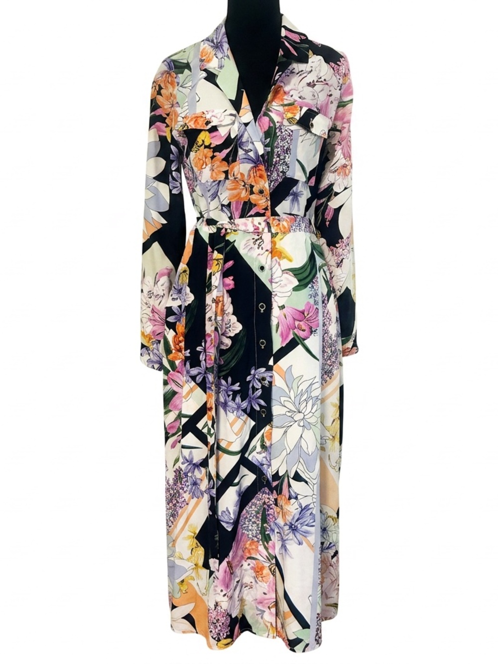 Yumi Kim Silk Floral Patchwork Pocketed Maxi Shirtdress Size S